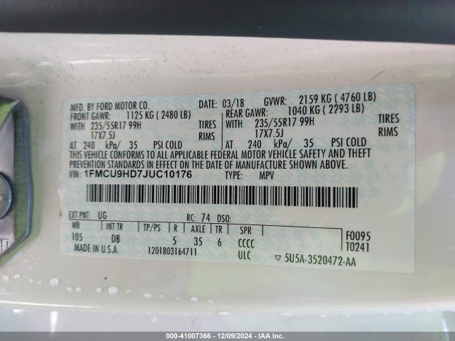 Ford ESCAPE SEL 2018 1FMCU9HD7JUC10176 Image 9