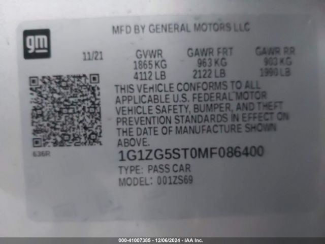 1G1ZG5ST0MF086400 Chevrolet Malibu Fwd Rs