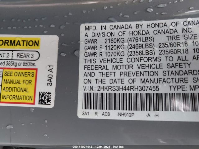 2HKRS3H44RH307455 Honda Cr-v Ex 2wd