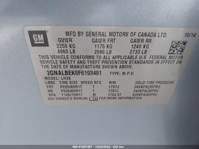 Chevrolet EQUINOX 1LT 2015 2GNALBEK8F6193491 Image 9