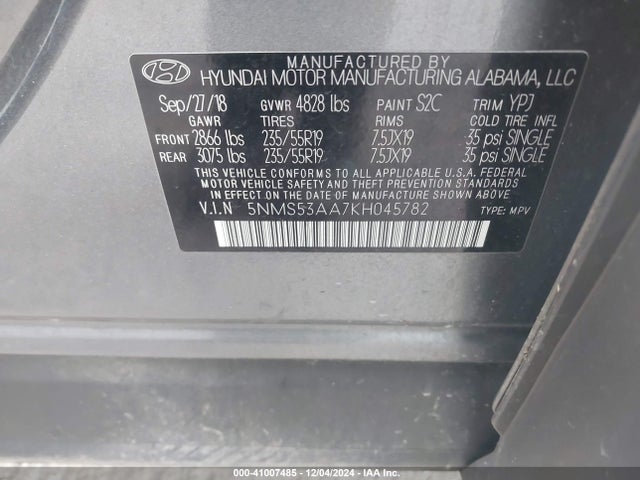 Hyundai Santa Fe Ultimate 2.0t 2019 5NMS53AA7KH045782 Image 9