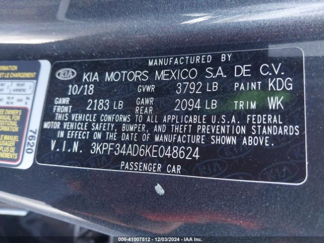 3KPF34AD6KE048624 KIA FORTE S