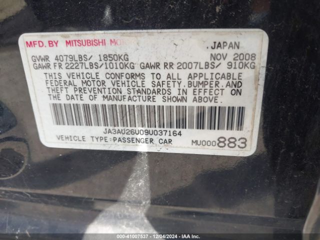2009 MITSUBISHI LANCER JA3AU26U09U037164 Photo 8