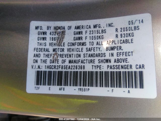 1HGCR2F85EA226369 Honda Accord Ex-l