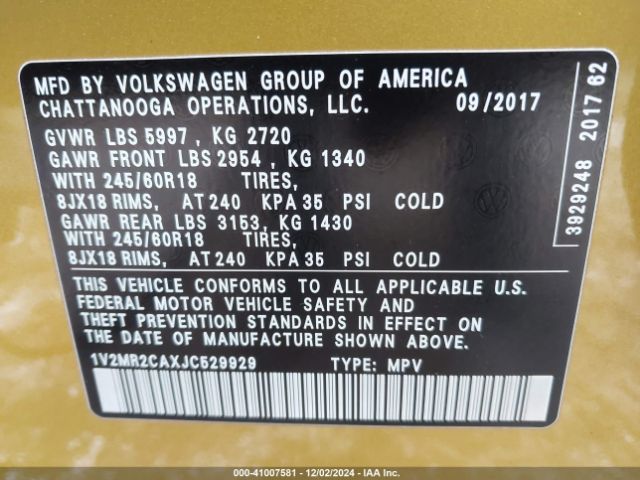 1V2MR2CAXJC529929 Volkswagen Atlas 3.6l V6 Sel