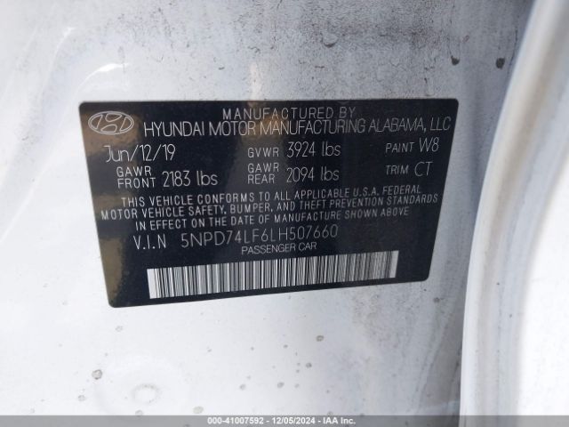 Auction sale of the 2020 Hyundai Elantra Se, vin: 5NPD74LF6LH507660, lot number: 41007592