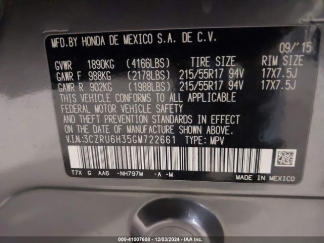 3CZRU6H35GM722661 Honda HR-V LX