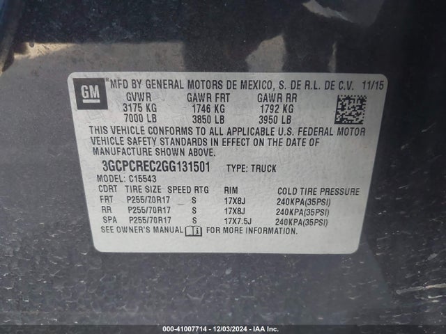 3GCPCREC2GG131501 Chevrolet Silverado 1500 1lt