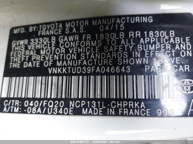 VNKKTUD39FA046643 Toyota YARIS L