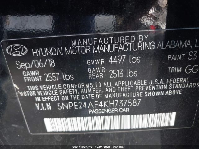 5NPE24AF4KH737587 Hyundai SONATA SE