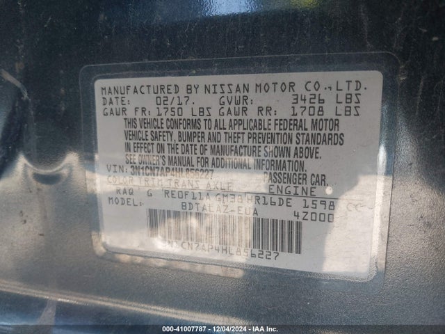 3N1CN7AP4HL856227 Nissan Versa 1.6 S+