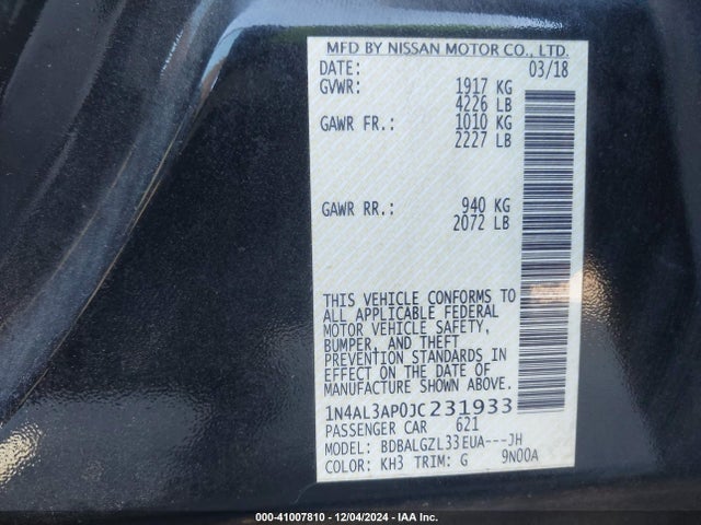 Nissan Altima 2.5 S 2018 1N4AL3AP0JC231933 Image 9