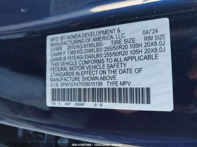 5FNYG1H79SB015199 Honda Pilot Touring