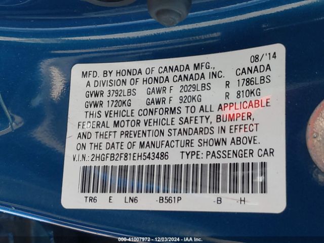 2HGFB2F81EH543486 Honda CIVIC EX