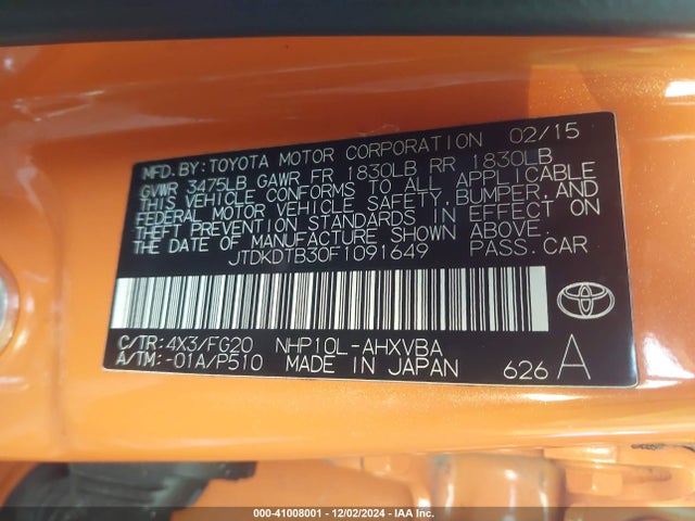 JTDKDTB30F1091649 Toyota Prius C Two