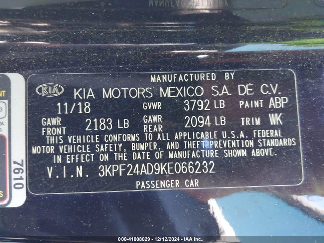 3KPF24AD9KE066232 KIA Forte Lxs