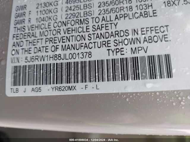 5J6RW1H88JL001378 Honda Cr-v Ex-l/ex-l Navi