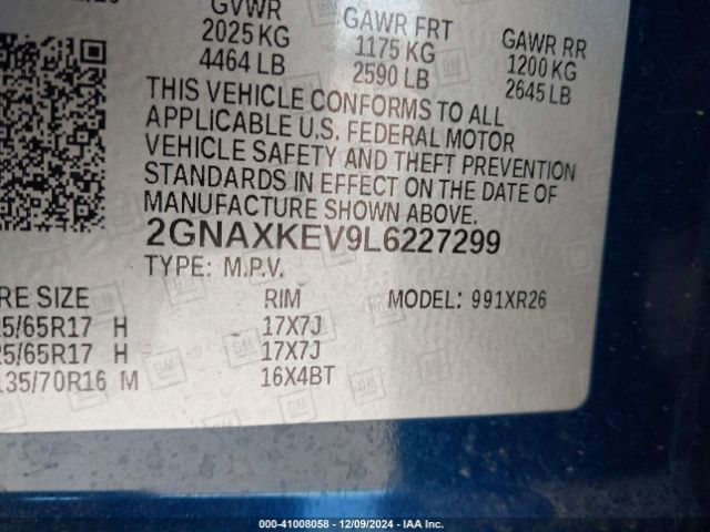 2GNAXKEV9L6227299 Chevrolet Equinox Fwd Lt 1.5l Turbo