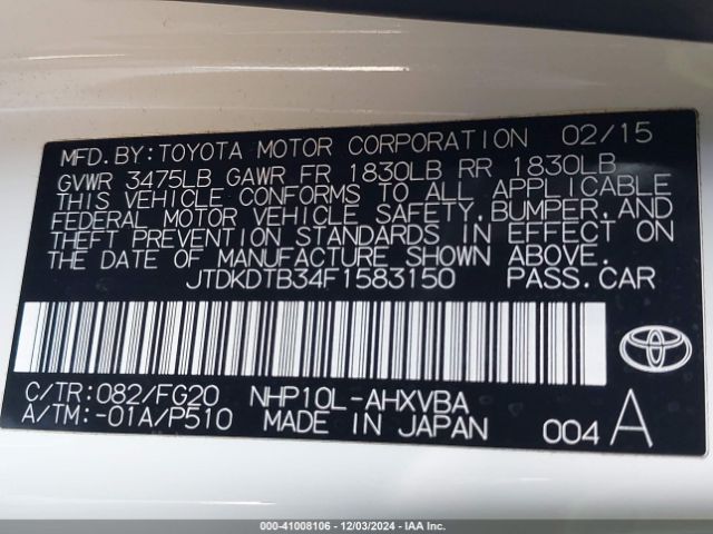 JTDKDTB34F1583150 Toyota Prius C Two