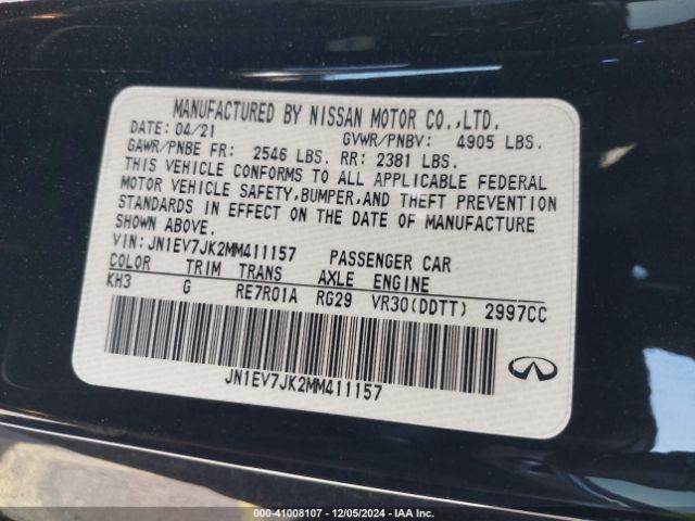 JN1EV7JK2MM411157 Infiniti Q60 PURE