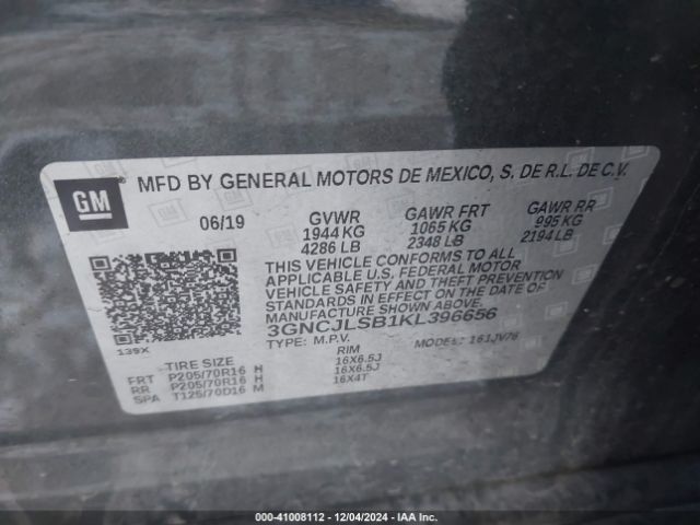 3GNCJLSB1KL396656 Chevrolet Trax Lt