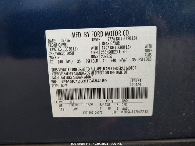 Ford EXPLORER XLT 2017 1FM5K7D83HGA84189 Image 9