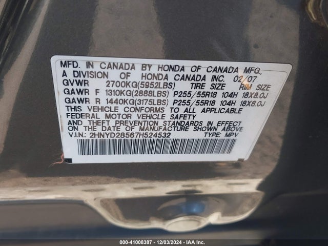 41008387 :رقم المزاد ، 2HNYD28567H524532 vin ، 2007 Acura Mdx Sport Package مزاد بيع