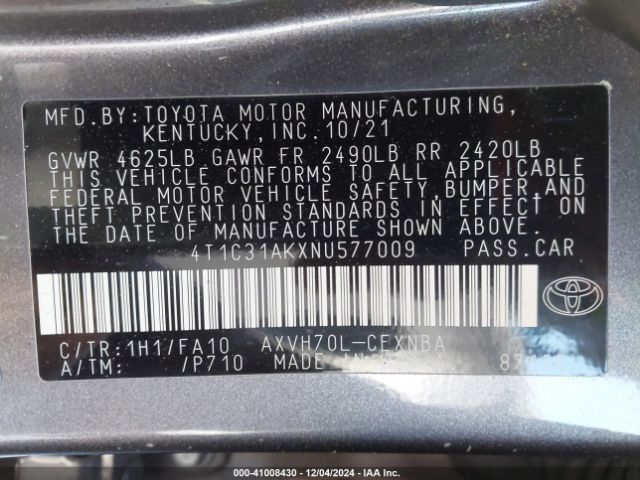 4T1C31AKXNU577009 Toyota Camry Le Hybrid