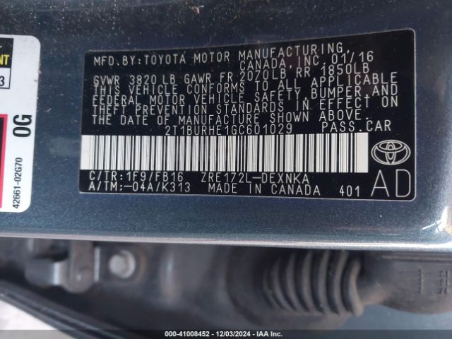 2T1BURHE1GC601029 Toyota COROLLA LE