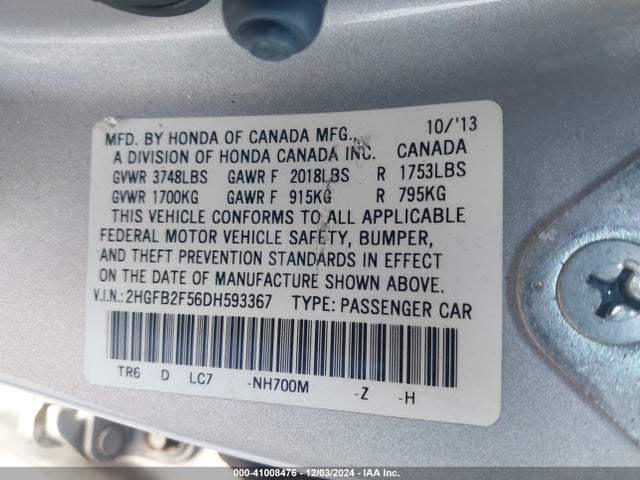 41008476 :رقم المزاد ، 2HGFB2F56DH593367 vin ، 2013 Honda Civic Lx مزاد بيع
