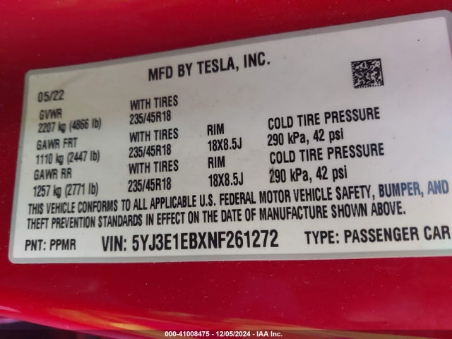Tesla Model 3 Long Range Dual Motor All-wheel Drive 2022 5YJ3E1EBXNF261272 Image 9