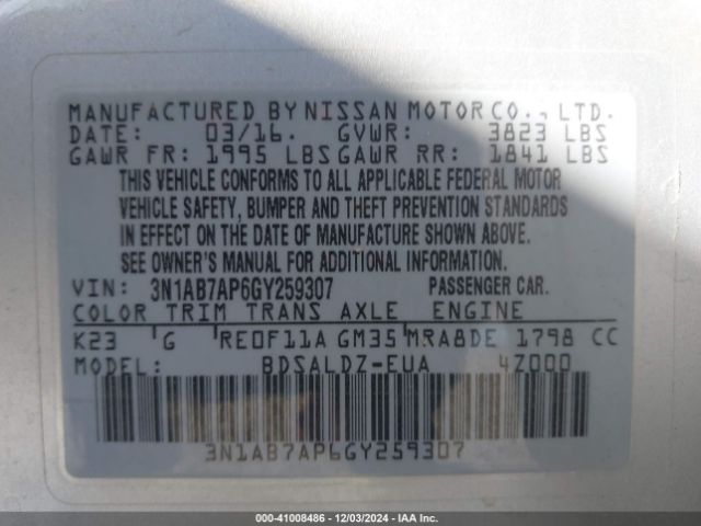 3N1AB7AP6GY259307 Nissan SENTRA SV