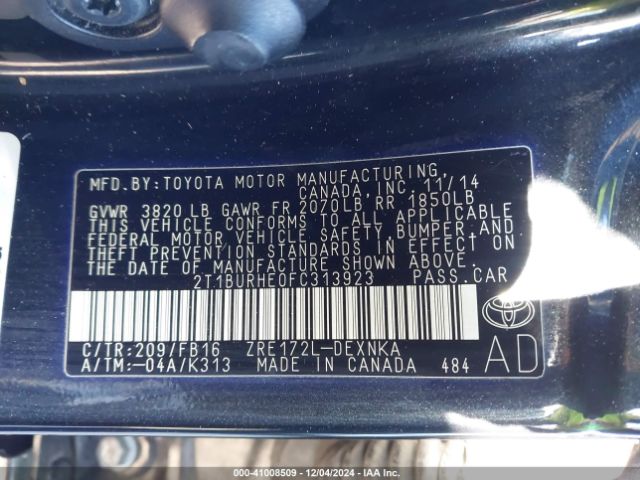 2T1BURHE0FC313923 Toyota Corolla L/le/le Pls/prm/s/s Pls