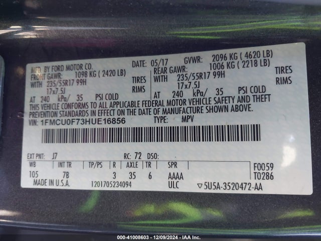 Ford ESCAPE S 2017 1FMCU0F73HUE16856 Image 9