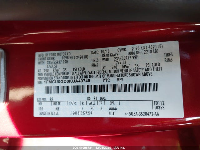 1FMCU0GD0KUA49748 Ford ESCAPE SE