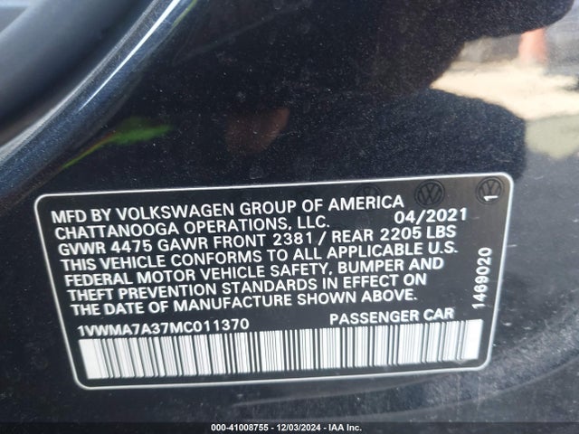 1VWMA7A37MC011370 Volkswagen Passat 2.0t R-line