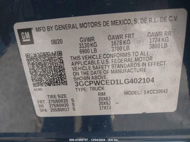 3GCPWCED1LG402104 Chevrolet Silverado 1500 2wd  Short Bed Lt