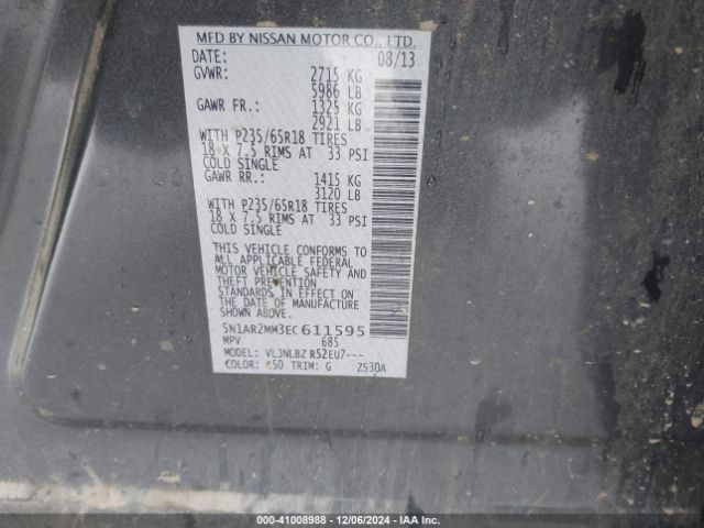 5N1AR2MM3EC611595 Nissan Pathfinder S
