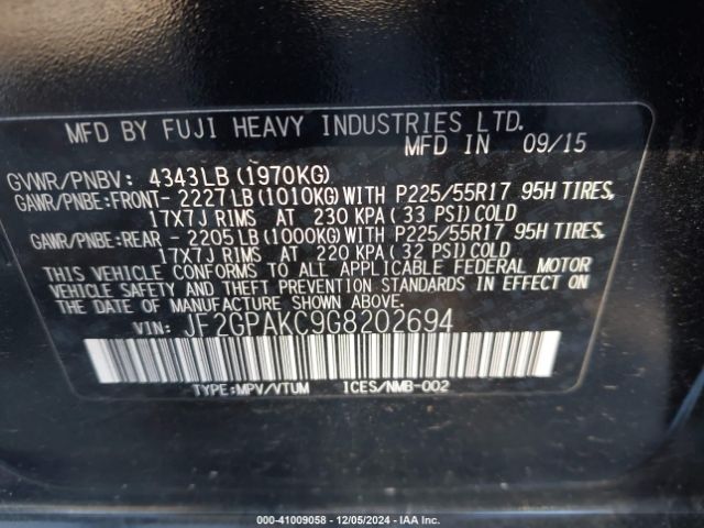 JF2GPAKC9G8202694 Subaru Crosstrek 2.0i Limited