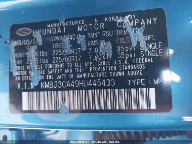 KM8J3CA49HU445433 Hyundai TUCSON SE