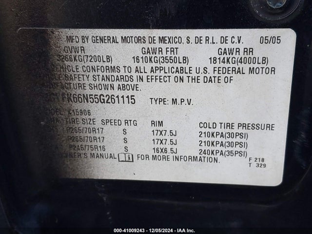 2005 CADILLAC ESCALADE ESV 3GYFK66N55G261115 Photo 8