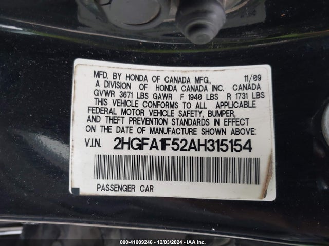 Продажа на аукционе авто 2010 Honda Civic Lx, vin: 2HGFA1F52AH315154, номер лота: 41009246