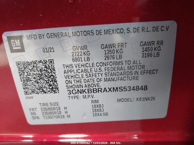 3GNKBBRAXMS534848 Chevrolet Blazer Fwd 1lt