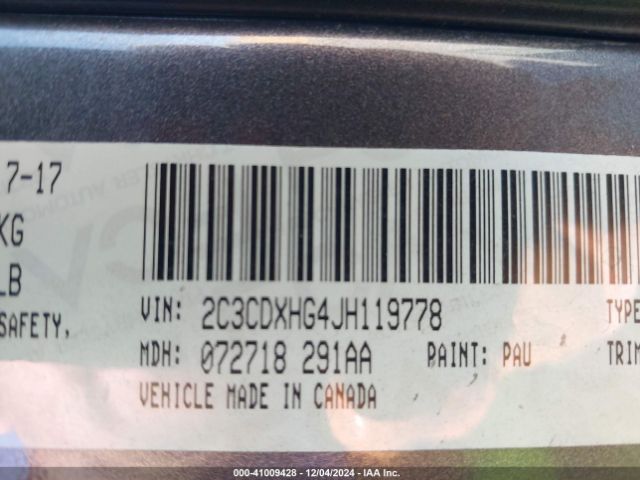 2C3CDXHG4JH119778 Dodge Charger Sxt Plus Rwd
