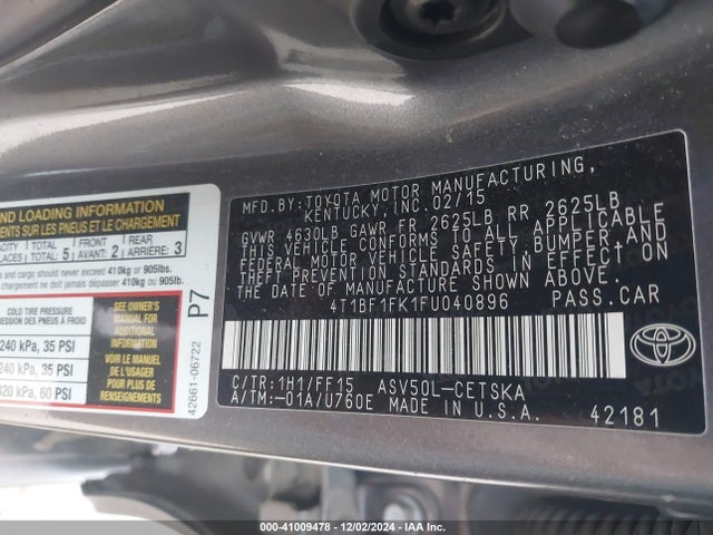 Toyota CAMRY SE 2015 4T1BF1FK1FU040896 Image 9