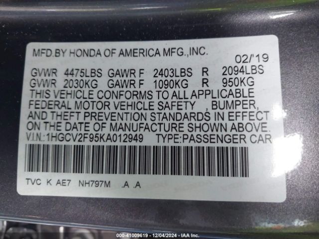 1HGCV2F95KA012949 Honda Accord Touring 2.0t
