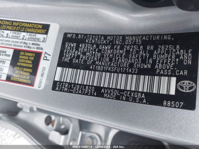 4T1BD1FK5FU171433 Toyota Camry Hybrid Xle
