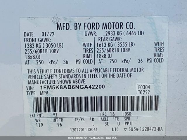 1FM5K8AB6NGA42200 Ford Police Interceptor Utility