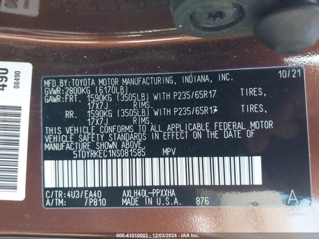 Toyota SIENNA XLE 2022 5TDYRKEC1NS081585 Image 9