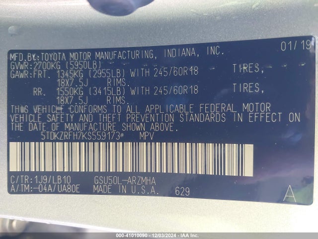 Toyota Highlander Xle 2019 5TDKZRFH7KS559173 Image 9